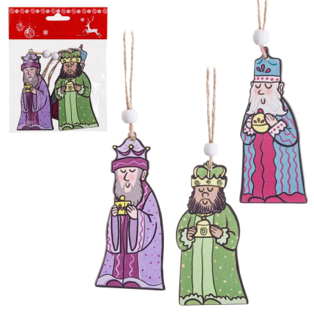 Craciun - Set 3 ornamente cei trei regi magi din lemn pictat în mantii violet verde și albastru cu coroane