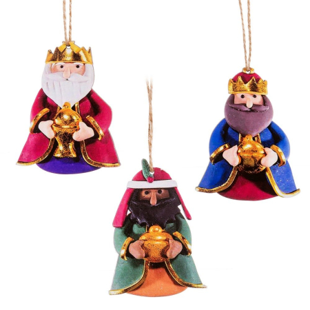 Craciun - Set 3 ornamente cei trei regi magi în mantii colorate cu coroane aurii și daruri aurii pentru agățat