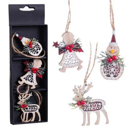 Scandinav - Set 3 ornamente înger om de zăpadă și ren din lemn decupat cu ramură de brad