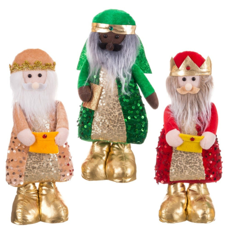 Clasic - Set 3 regi magi cu haine cu paiete în auriu verde și roșu cizme aurii coroane și daruri