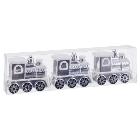 Craciun - Set 3 trenulețe argintii din plastic cu locomotivă cu coș și roți în relief