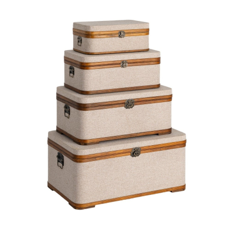 Cufere si valize decorative - Set 4 cufere dreptunghiulare din lemn de plop și țesătură bej cu margine de lemn și mânere laterale