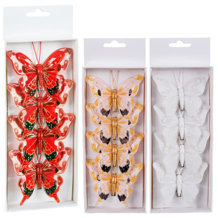 Scandinav - Set 4 fluturi cu clips din pene în trei variante roșu auriu sau alb pentru cadouri și brad