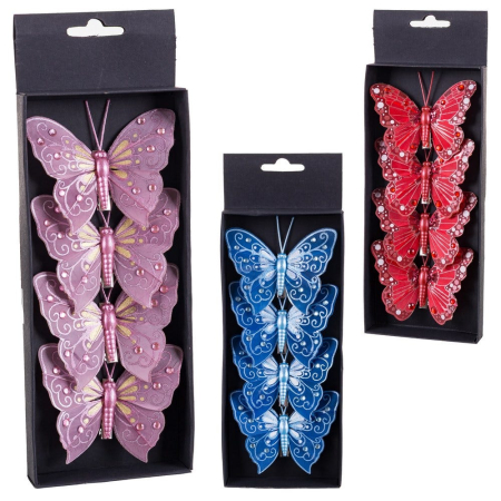 Scandinav - Set 4 fluturi mici cu clips în trei culori mauve albastru sau roșu cu pietricele în cutie neagră