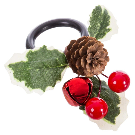 Scandinav - Set 4 inele de șervețele cu clopoțel roșu con de pin ilice și fructe roșii pe inel negru