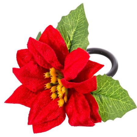 Obiecte decorative in Stil Festiv - Set 4 inele de șervețele cu poinsettia roșie și frunze verzi pe inel negru pentru masa de Crăciun