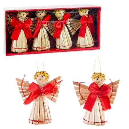Craciun - Set 4 îngerași din paie cu aripi desfăcute în evantai și fundă roșie la gât în cutie