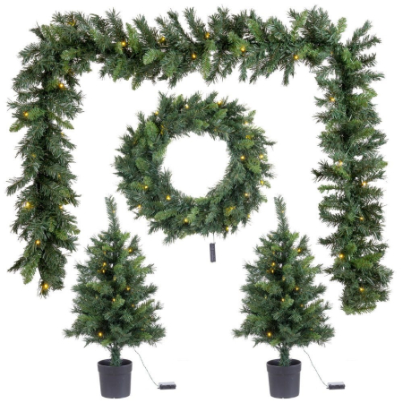 Clasic - Set 4 piese ghirlandă coroniță și doi brazi verzi cu lumini LED cu temporizator în ghivece negre