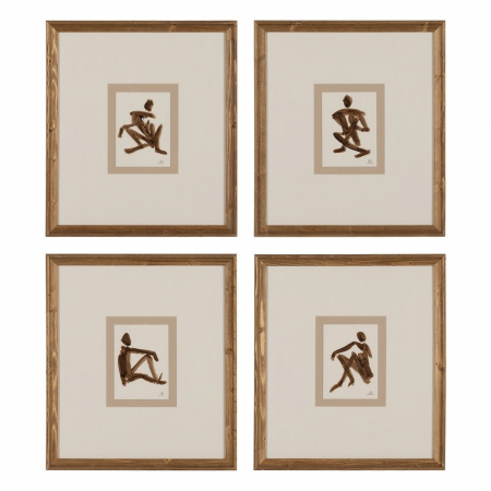 Tablouri - Set 4 tablouri boho figurative pictate manual, 44x50cm, maro-bej, lemn ayous și sticlă