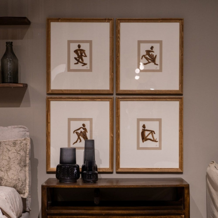 Set 4 tablouri boho figurative pictate manual, 44x50cm, maro-bej, lemn ayous și sticlă [10]