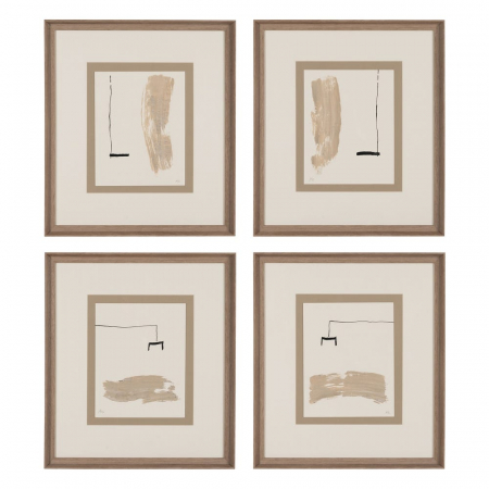 Tablouri - Set 4 tablouri japandi abstracte pictate manual, 44x50cm, crem-bej-negru, lemn ayous și sticlă
