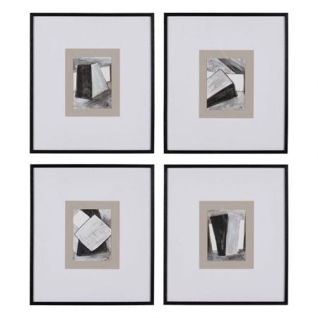 Tablouri - Set 4 tablouri moderne monocrome pictate manual, 44x50cm, sticlă și ramă neagră ayous