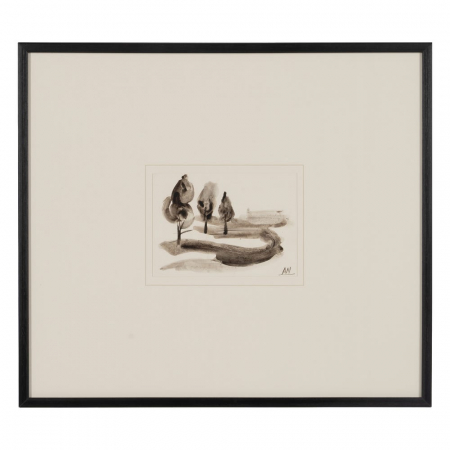 Set 4 tablouri japandi peisaj stilizat pictate manual, 50x44cm, sepia-negru, sticlă și lemn ayous [3]