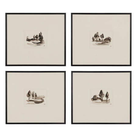 Tablouri - Set 4 tablouri japandi peisaj stilizat pictate manual, 50x44cm, sepia-negru, sticlă și lemn ayous