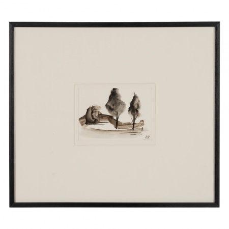 Set 4 tablouri japandi peisaj stilizat pictate manual, 50x44cm, sepia-negru, sticlă și lemn ayous [4]