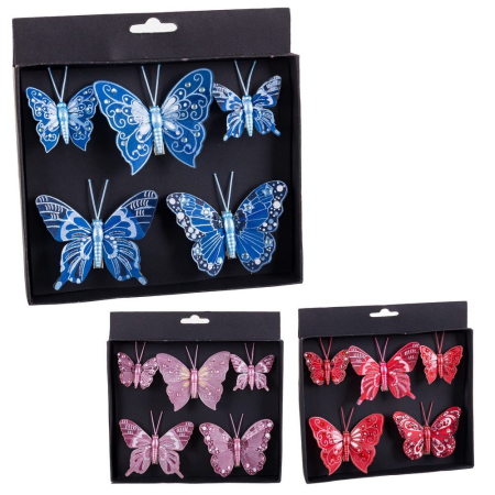 Obiecte decorative in Stil Festiv - Set 5 fluturi cu clips în două mărimi albastru mauve sau roșu în cutie neagră cu desene fine