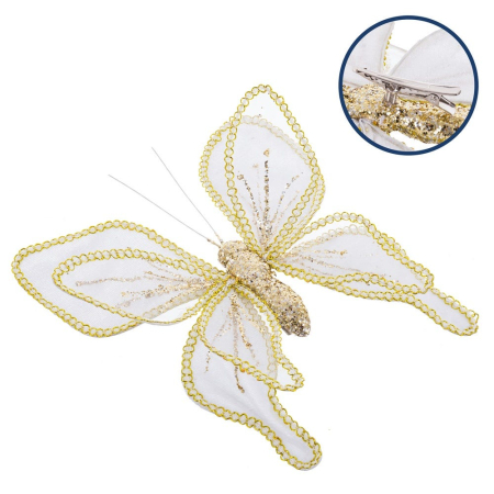 Scandinav - Set 6 fluturi cu clips albi cu aripi transparente margini din mărgele aurii și sclipici biodegradabil