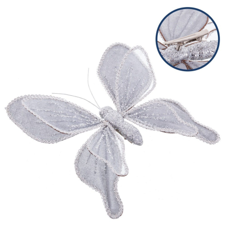 Scandinav - Set 6 fluturi cu clips gri cu aripi transparente margini din mărgele argintii și sclipici biodegradabil