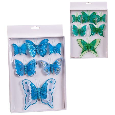 Scandinav - Set 6 fluturi cu clips în două variante albastru sau verde cu sclipici pentru brad și buchete