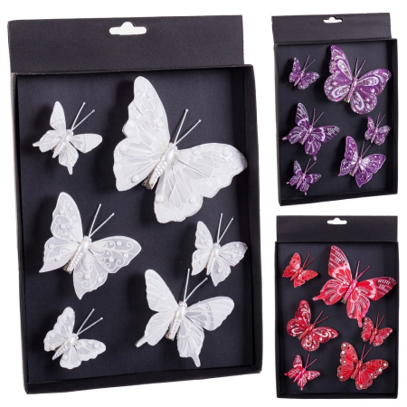 Scandinav - Set 6 fluturi cu clips în trei mărimi alb mov sau roșu în cutie neagră