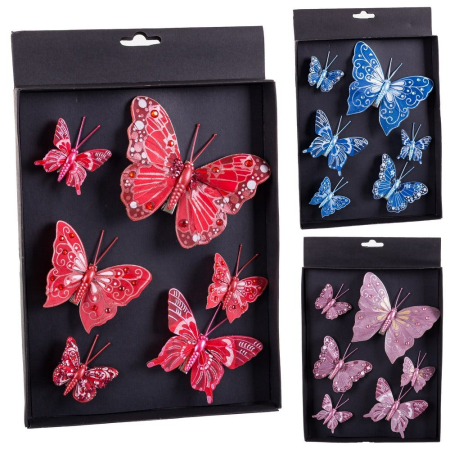 Obiecte decorative in Stil Festiv - Set 6 fluturi cu clips în trei mărimi roșu albastru sau mauve în cutie neagră cu pietricele