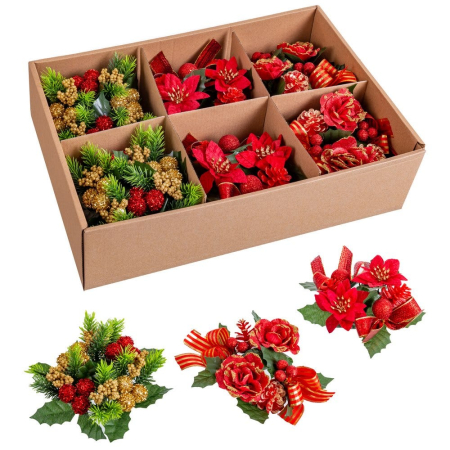 Craciun - Set 6 inele decorative pentru lumânări cu poinsettia trandafiri roșii conuri bace aurii și fundițe în cutie