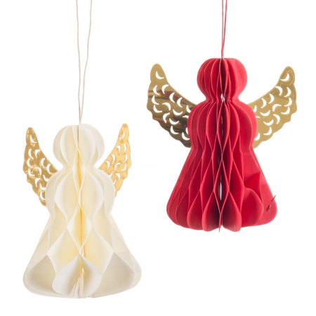 Obiecte decorative in Stil Festiv - Set 6 îngeri din hârtie plisată în alb crem și roșu cu aripi aurii decupate