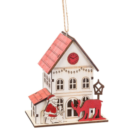 Scandinav - Set 6 ornamente casă albă din lemn cu acoperiș roșu ceas Moș Crăciun ren și felinar