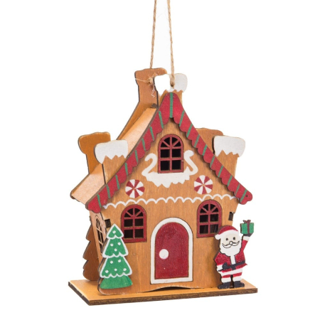 Scandinav - Set 6 ornamente casă de turtă dulce din lemn cu glazură albă bomboane în dungi și Moș Crăciun