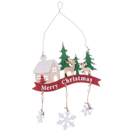 Craciun - Set 6 ornamente casă din lemn cu reni brazi și panglică roșie Merry Christmas cu fulgi atârnați