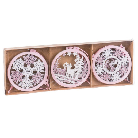 Obiecte decorative - Set 6 ornamente cerc roz din lemn decupat cu fulgi de nea ren printre brazi și sclipici fin