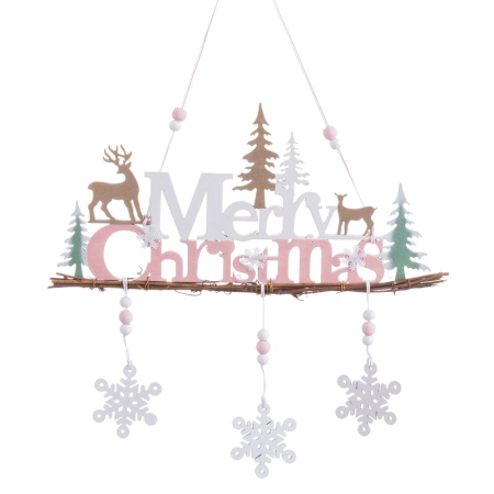 Craciun - Set 6 ornamente Merry Christmas din lemn alb și roz cu reni brazi și fulgi de nea atârnați