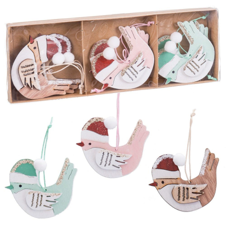 Obiecte decorative - Set 6 ornamente păsărele din lemn cu căciulițe roșii de Moș Crăciun aripi cu sclipici în trei culori
