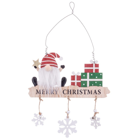 Craciun - Set 6 ornamente spiriduș Moș Crăciun din lemn cu cadouri scândură Merry Christmas și fulgi atârnați