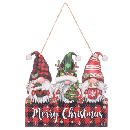 Craciun - Set 6 ornamente cu trei spiriduși cu bărbi albe în carouri pe placă Merry Christmas