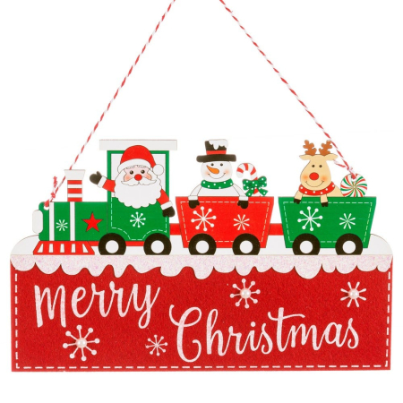 Craciun - Set 6 ornamente tren cu Moș Crăciun om de zăpadă și ren din lemn deasupra urării Merry Christmas