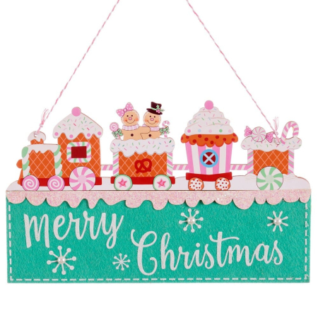 Craciun - Set 6 ornamente tren de turtă dulce din lemn cu dulciuri deasupra unei plăci verde mentă Merry Christmas