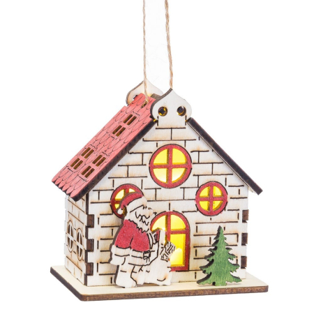 Obiecte decorative in Stil Festiv - Set 6 pandantive casa lui Moș Crăciun din lemn cu lumină cu pereți de cărămidă și acoperiș roșu