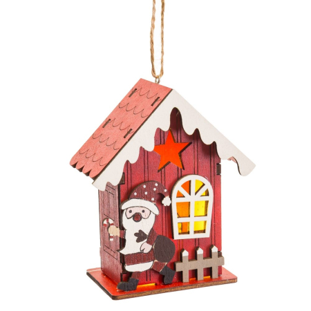 Obiecte decorative in Stil Festiv - Set 6 pandantive casa lui Moș Crăciun din lemn cu lumină roșie cu acoperiș cu zăpadă stea