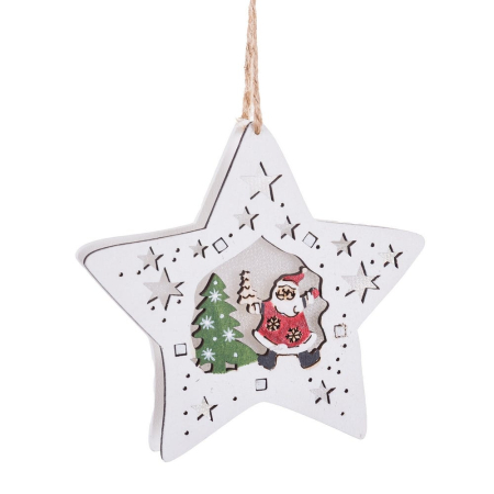 Obiecte decorative in Stil Festiv - Set 6 pandantive stea din lemn alb cu lumină cu Moș Crăciun și brăduț decupat pentru brad