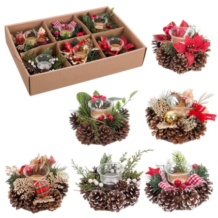 Craciun - Set 6 suporturi pentru lumânări pastilă din coronițe cu pahar de sticlă conuri poinsettia și panglici