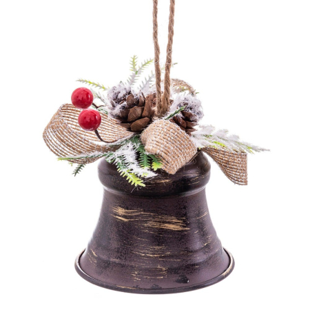 Clasic - Set 8 clopote de agățat din metal în bronz vechi cu fundă de iută con de pin
