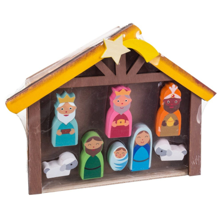 Craciun - Set 8 figurine ale Nașterii din lemn într-un staul cu acoperiș galben stea aurie craii și mieluți