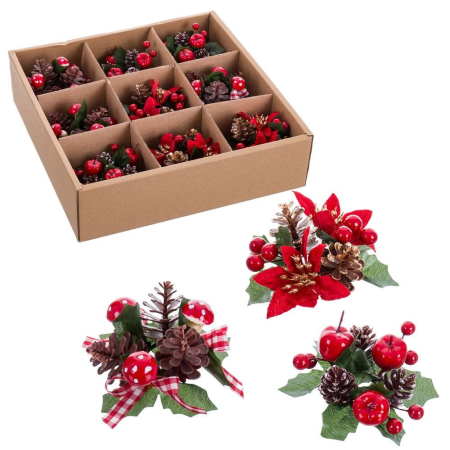 Craciun - Set 9 suporturi mici cu fructe roșii poinsettia și fundițe în carouri pentru lumânări pastilă în cutie