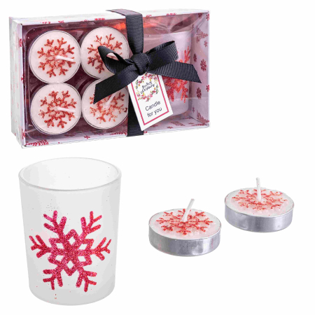 Obiecte decorative - Set cu pahar mat și patru lumânări pastilă cu fulgi de zăpadă roșii în cutie cadou