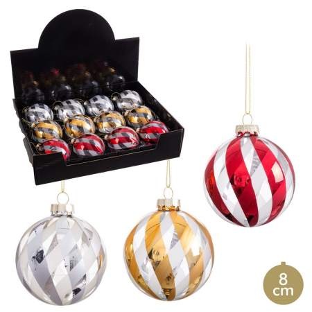 Craciun - Set 12 globuri sticlă roșu auriu argintiu dungi albe 8 cm Ixia