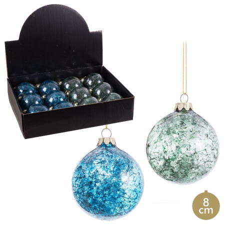 Craciun - Set 12 globuri sticlă efect crăpat verde și albastru 8 cm Ixia