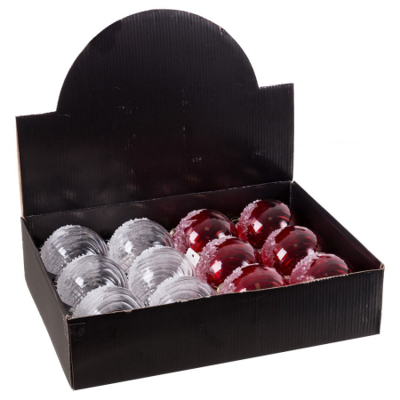 Set 12 globuri sticlă roșii și argintii efect de zăpadă 8 cm Ixia [1]