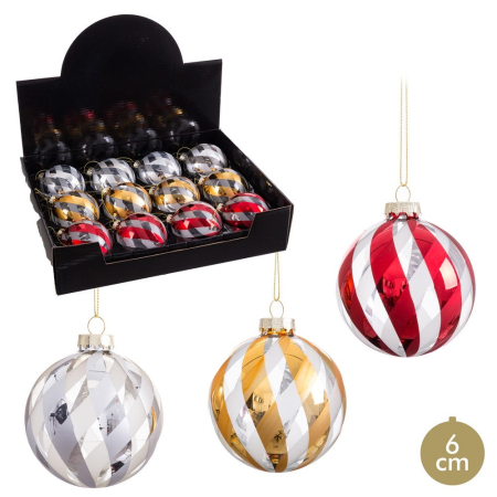 Obiecte decorative - Set 12 globuri sticlă roșu auriu argintiu dungi albe Ixia