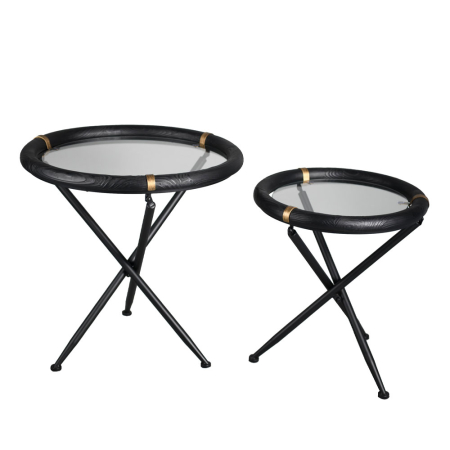 Măsuțe laterale Colombo, set 2 piese din lemn și metal, finisaj negru cu accente aurii pentru decor sofisticat